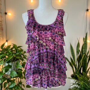 Express Boho Maximalist Tiered Ruffle Tank Top | Psychedelic Peacock Print | Y2K